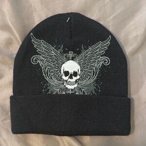 Edgy Black Winged Skull Beanie Y2K